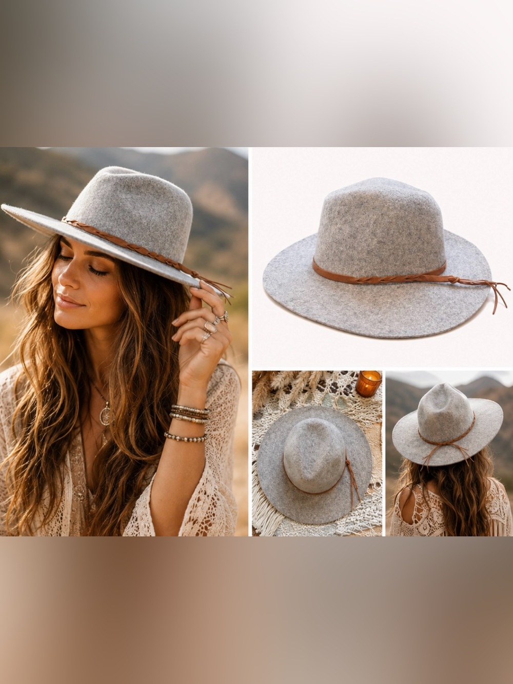 Light Gray 100% Wool Rancher Hat Braided Faux Leather Band Boho Western Festival - Picture 1 of 7